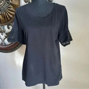 Talbots Cotton Crewneck Tee with Eyelet Bell Sleeves Large